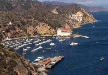  Exactly Where is Catalina Island? Well .. 26 Miles Across the Sea .. off the Southern California Coastline Avalon is it’s only real town .. a tiny seaport village near the Island’s Southern Tip See that BIG White Building at the top edge of Avalon Harbor?  That’s the Wrigley Casino.  Never a real Casino just named that by Chewing Gum Magnate William Wrigley when he built and opened this incredible venue in 1929. The bottom inside is a 1929 State of the Art Movie Theater.  The top, 6 stories high, the glorious historic Avalon Ballroom. Except for each festival Thursday’s outdoor on the beach shows, all weekend concerts are held high up inside that Ballroom.  